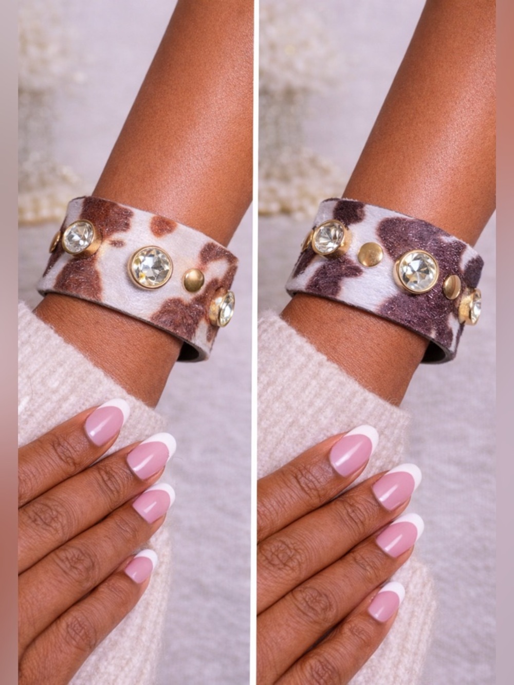 🎂Crystal Stud Brown Faux Cowhide Leather Cuff Bracelet